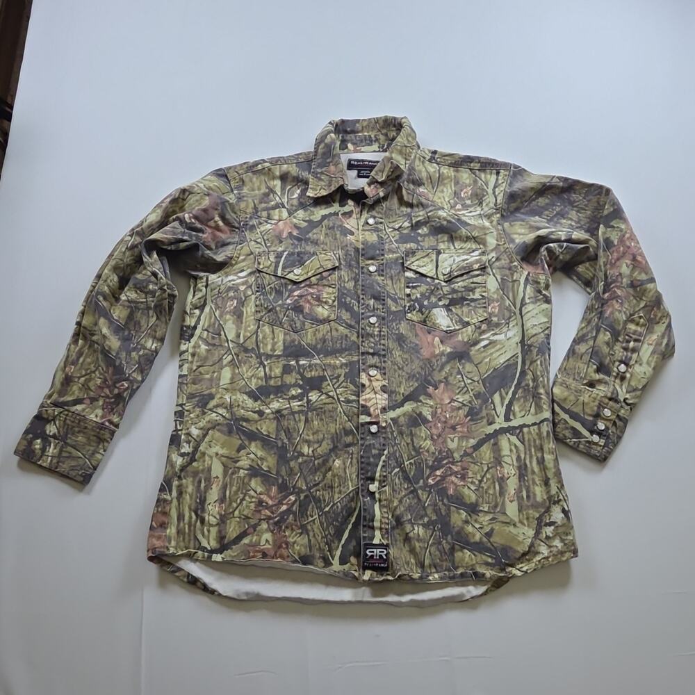 Real Ranch Camouflage Green Brown Cotton Button-Front heavy Shirt Men's L